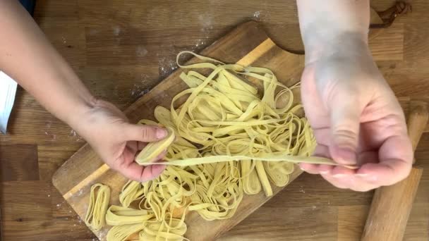 Woman Spreads Thin Rolls Dough Wooden Board Concept Cooking Homemade — Stockvideo