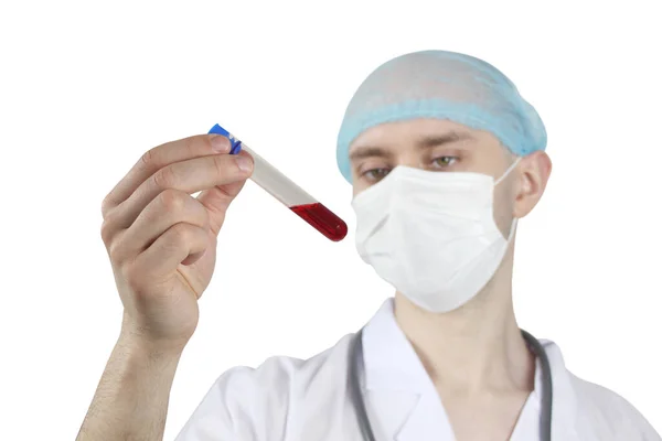 Tubo Transparente Com Sangue Vacina Closeup Nas Mãos Jovem Cientista — Fotografia de Stock