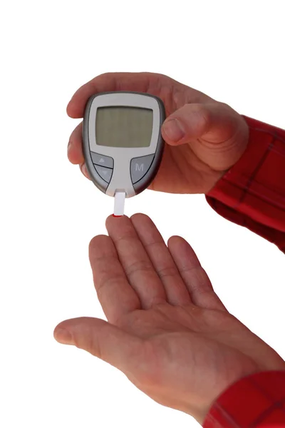 Kan Şekeri Seviyesini Glikoz Sayacıyla Ölçerek Şeker Testi Yapan Kişinin — Stok fotoğraf