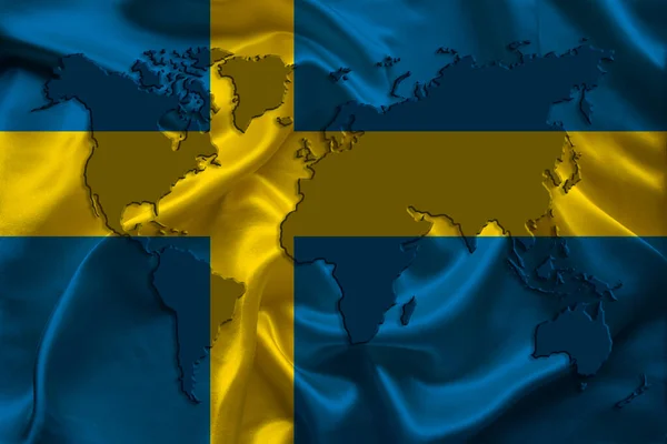 Силуэт Карты Мира Шелковом Национальном Флаге Современного Государства Швеция Красивыми — стоковое фото