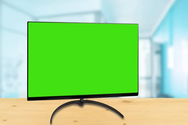 液晶フラットスクリーン テレビモックアップ 緑の空白のHdモニターモックアップ 現代のビデオパネルと4Kコンピュータモニタ ワイドスクリーンデバイスディスプレイでビジネスプレゼンテーションビデオを表示 — ストック写真