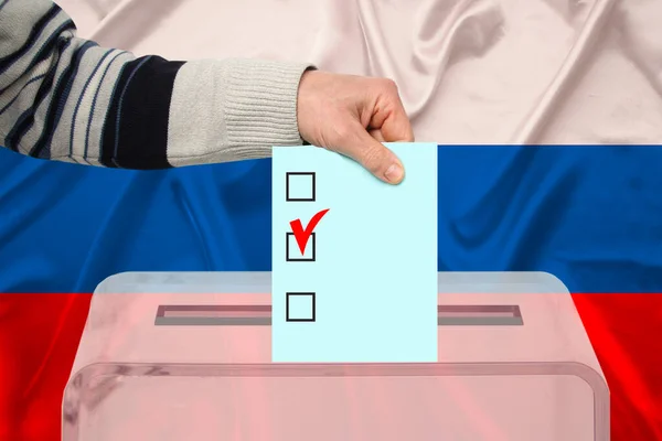 Male Voter Drops Ballot Transparent Ballot Box Background National Flag — Stock Photo, Image