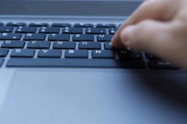 Woman Typing Laptop Keyboard Selective Focus Working Evening Laptop His — Stock Photo, Image