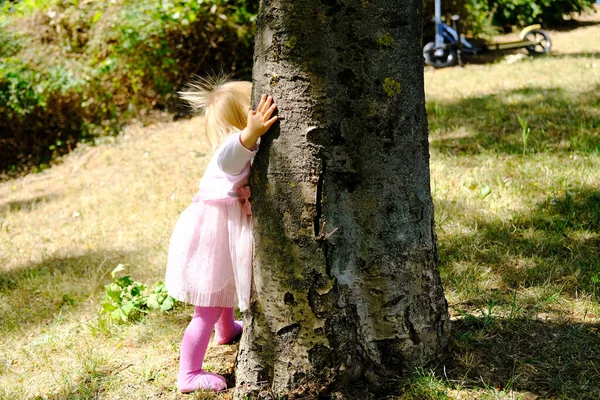 Little Kid Girl Blonde Hair Stands Tree Park Hides His — Stock Photo, Image