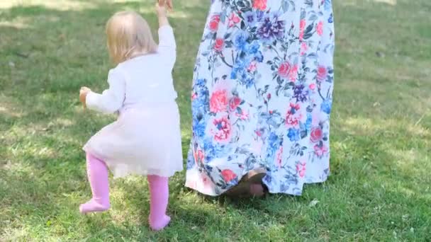 長いドレスの女性 お母さん 小さな子供を歩くことを教えて 夏に草の上にブロンドの髪の女の子 家族の夏休みの概念 屋外ゲーム 最初のステップ 子供の発達 — ストック動画