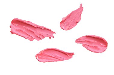 Ruj, soyut fırça darbeleri, arka plandaki inci dokuyu lekeler. Pembe, beyaz, örnek makyaj, doğal kozmetik konsepti.