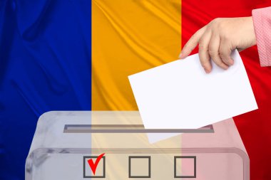 Kadın seçmen, Romanya ulusal bayrağı, devlet seçimleri konsepti ve referanduma karşı şeffaf bir oy sandığını indiriyor