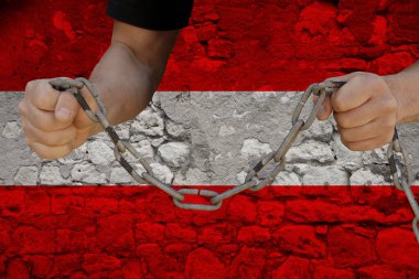 Erkek eller demir zinciri kırıyor, köleliğin sembolü, Avusturya bayrağının arka planını protesto ediyor, siyasi baskı, tutuklama, suç, insan hakları ihlali, özgürlük kavramını protesto ediyor.