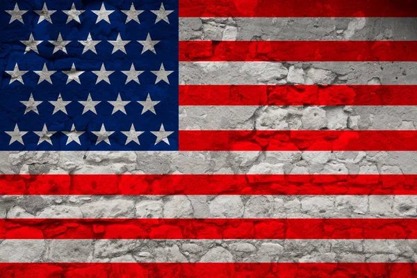 national flag of america state on rough, old stone wall texture with cracks, historical, tourism, emigration, economy, politics, global world trade concept