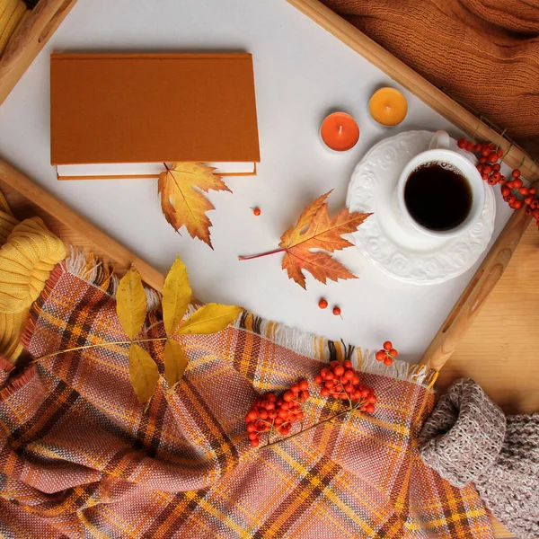 Tasse Heißen Tee Oder Kaffee Herbstliche Wohnung Skandinavischen Hugg Stil — Stockfoto