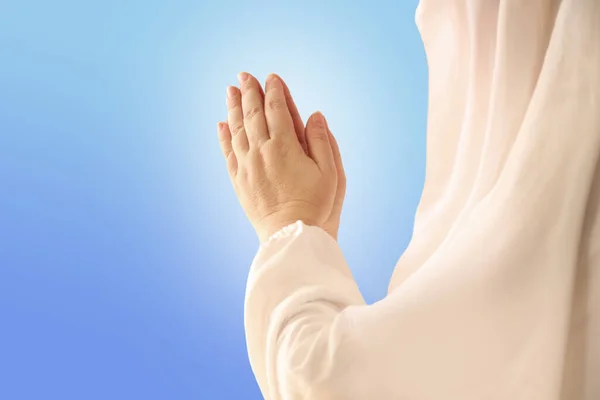 Female Hands Women White Cloak Raised Palms Prayer God Concept — Stock Photo, Image