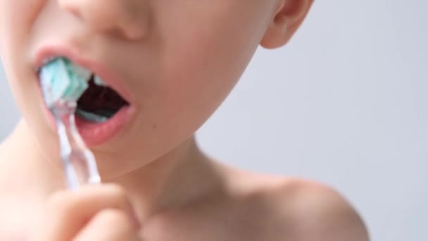 Αγόρι Παιδί Ετών Επιμελώς Βουρτσίζει Δόντια Και Χρωματιστές Πάστα Των — Αρχείο Βίντεο