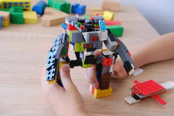 Boy Kid Plays Details Constructor Creates New Toys Concept Development — Stock Photo, Image