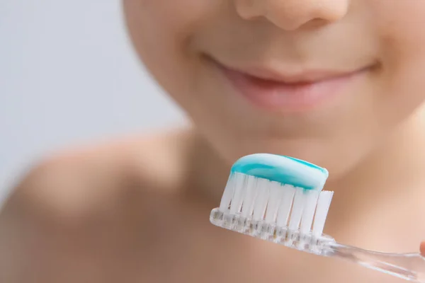 Boy Kid Years Old Diligently Brushes Teeth Colored Children Paste — Stock Photo, Image