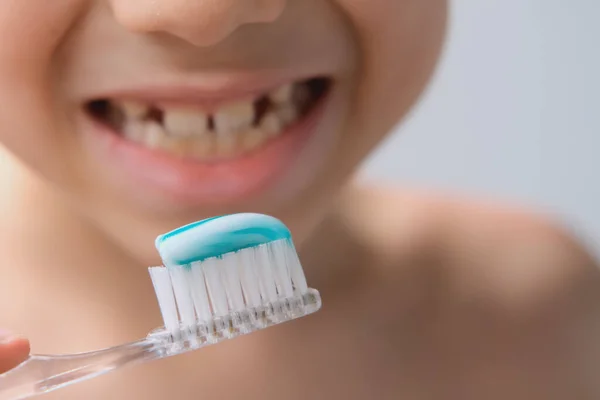 Boy Kid Years Old Diligently Brushes Teeth Colored Children Paste — Stock Photo, Image