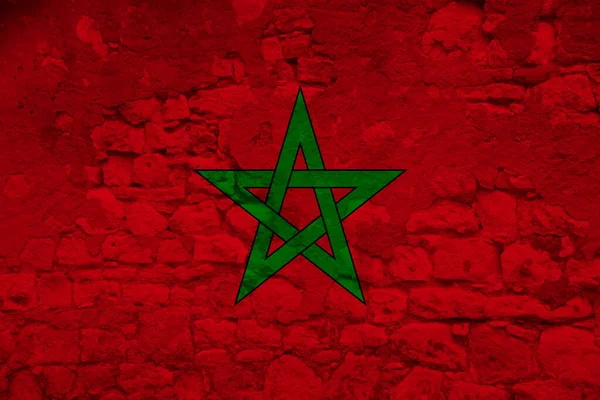 摩洛哥国旗挂在有裂缝的古老石墙上 上面有旅游 全球贸易的概念 — 图库照片