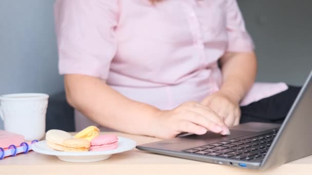 Χοντρή Γυναίκα Κάθεται Έναν Υπολογιστή Και Σερφάρει Στο Διαδίκτυο Δίπλα — Αρχείο Βίντεο