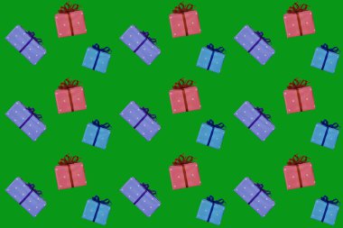 Pop sanat afişi, yeşil arka planda yaylı dağınık hediyeler, kusursuz desenler, tatil konsepti, Noel, Anneler Günü, Sevgililer Günü