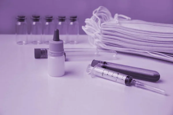 Tinted Photo Medical Laboratory Test Tubes Stethoscope Syringe Disposable Protective — Stock Photo, Image