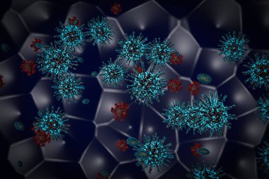 Grip virüsü görüntüsü COVID-19 mikroskop altında. Coronavirus Covid-19 influenza afişi. Pandemik sağlık krizi hastalığı hücresi. Evdeki sosyal uzaklık