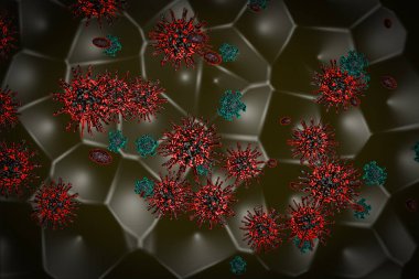 Grip virüsü görüntüsü COVID-19 mikroskop altında. Coronavirus Covid-19 influenza afişi. Pandemik sağlık krizi hastalığı hücresi. Evdeki sosyal uzaklık