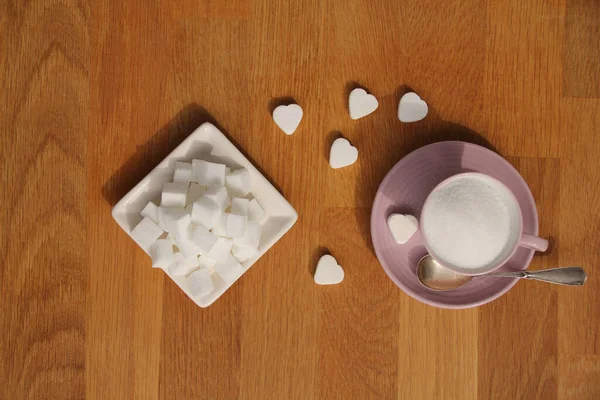 Sucre Vrac Dans Une Tasse Thé Rose Une Soucoupe Tranches — Photo