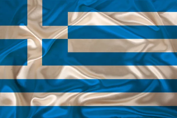 Zdjęcie Flagi Narodowej Państwa Grecji Luksusowej Fakturze Satyny Jedwab Falami — Zdjęcie stockowe