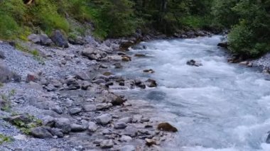Güçlü temiz su akıntısı dağ nehri boyunca hızla akar, taşlardan saçılır, vahşi doğa kavramı, doğal kaynakların sembolü, alternatif enerji, su sporları
