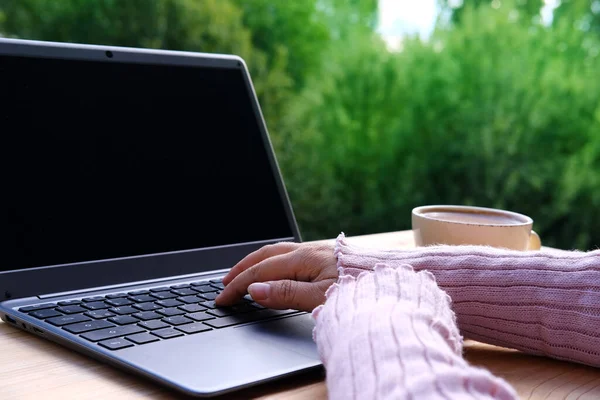 Jardín Verano Blogger Mujer Está Escribiendo Texto Ordenador Portátil Ordenador — Foto de Stock