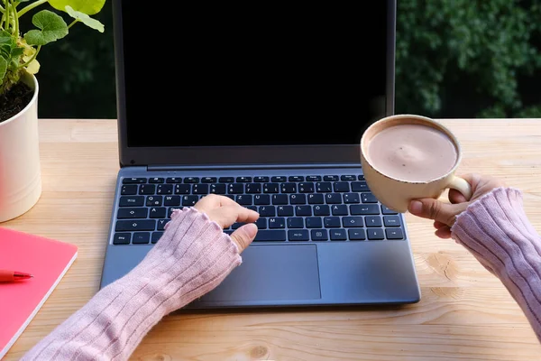 in summer garden, woman blogger is typing text on laptop, computer with blank screen, black display for designer, cup of cappuccino, concept of programmer\'s workplace, blogging