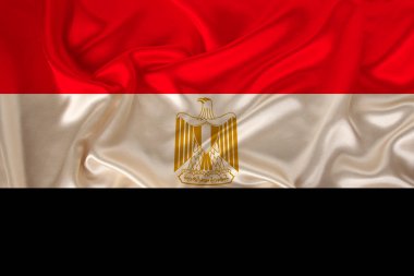 Mısır devletinin ulusal bayrağının resmi saten, dalgalı ipek, kıvrımlı ve röfleli, yakın plan, kopyalama alanı, illüstrasyon