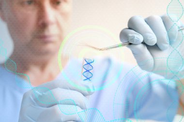 Erkek doktor, bilim adamı, laboratuvar asistanı, DNA analizi için saç örneği, modern bilimde yenilik kavramı, babalık testi, trikoloji, adli tıp