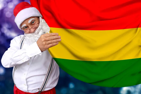 Papai Noel Com Barba Segura Bela Bandeira Nacional Colorida Estado — Fotografia de Stock