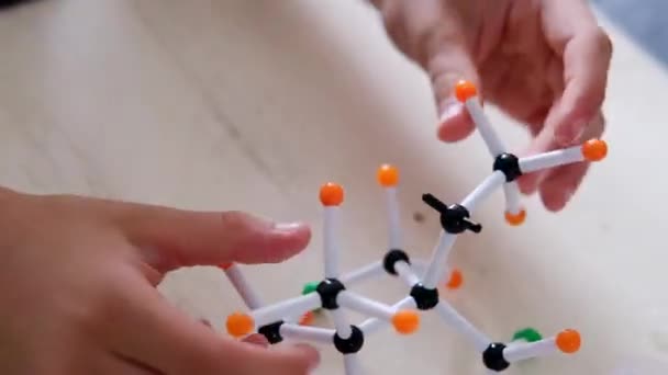 Model Molecule Mâinile Copiilor Copilul Studiază Chimia Biologia Conceptul Unui — Videoclip de stoc