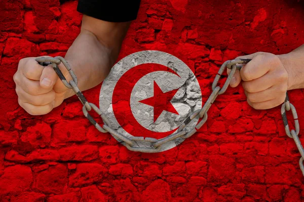 male hands breaking the iron chain, symbol of bondage, protest against the background of the state flag of Tunisia, the concept of political repression, tyranny, arrest, crime, civil rights, freedom