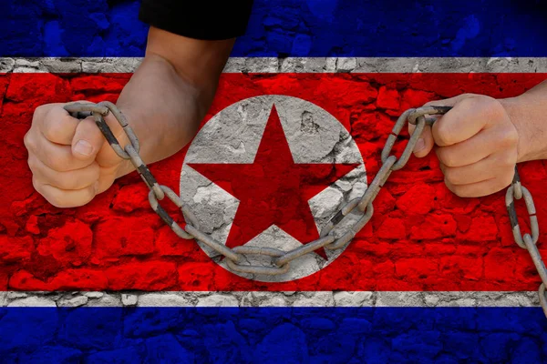 male hands breaking the iron chain, symbol of bondage, protest against the background of the state flag of North Korea, the concept of political repression, tyranny, arrest, crime, civil rights, freedom