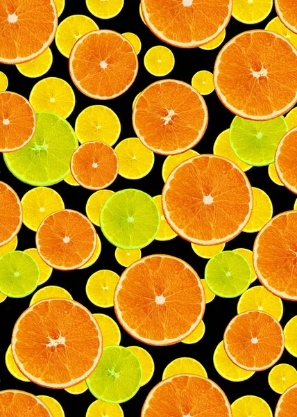 Uroczy Zestaw Pomarańczowymi Plastrami Pomarańczy Cytryny Cytryny Czarnym Tle Dla — Zdjęcie stockowe