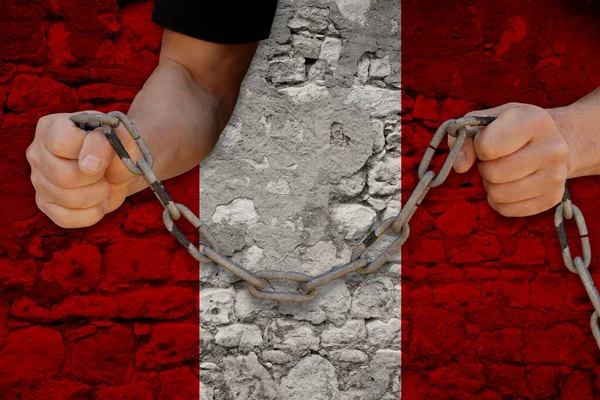 male hands breaking the iron chain, symbol of bondage, protest against the background of the state flag of Peru, the concept of political repression, tyranny, arrest, crime, civil rights, freedom