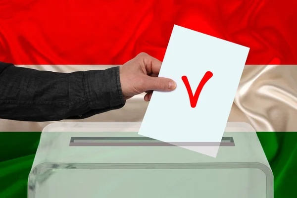 Male Voter Drops Ballot Transparent Ballot Box Background National Flag — Stock Photo, Image