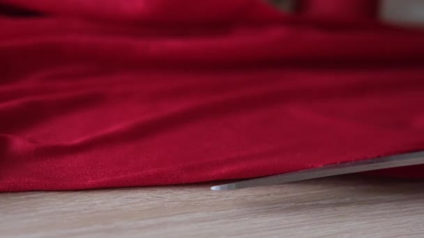 Seamstress Dressmaker Cuts Clothes Red Velvet Cloth Selective Focus Needle — Stock Video