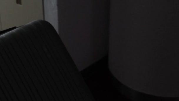 Młody Łysy Mężczyzna Szarym Swetrze Dżinsach Wszedł Pokoju Hotelowego Walizką — Wideo stockowe
