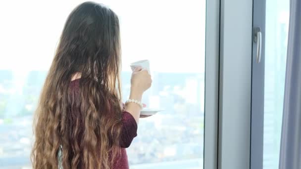 Jonge Vrouw Met Lang Haar Een Elegante Jurk Staat Voor — Stockvideo