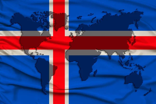 Silhouette World Map Silk National Flag Iceland Modern State Beautiful — Stock Photo, Image