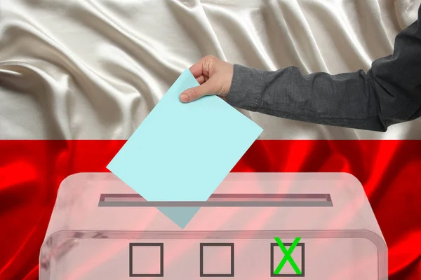 Male Voter Lowers Ballot Transparent Ballot Box Background National Flag — Stock Photo, Image