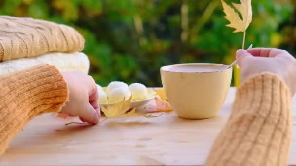 Čaj Káva Hrnku Stole Zahradě Koncept Venkovního Čaje Pití Dobré — Stock video