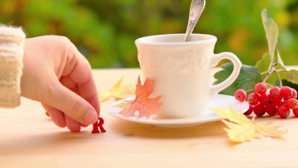 Hete Keramische Witte Koffiekop Met Rook Schotel Houten Tafel Natuur — Stockvideo