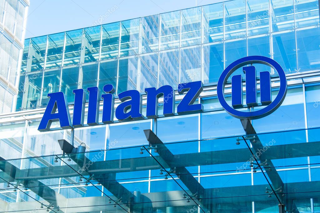Modern Public insurance giant Allianz SE building in Hesse, financial security, glass facade, finance industry, European company, financial district, Frankfurt, Germany - June 29, 2025