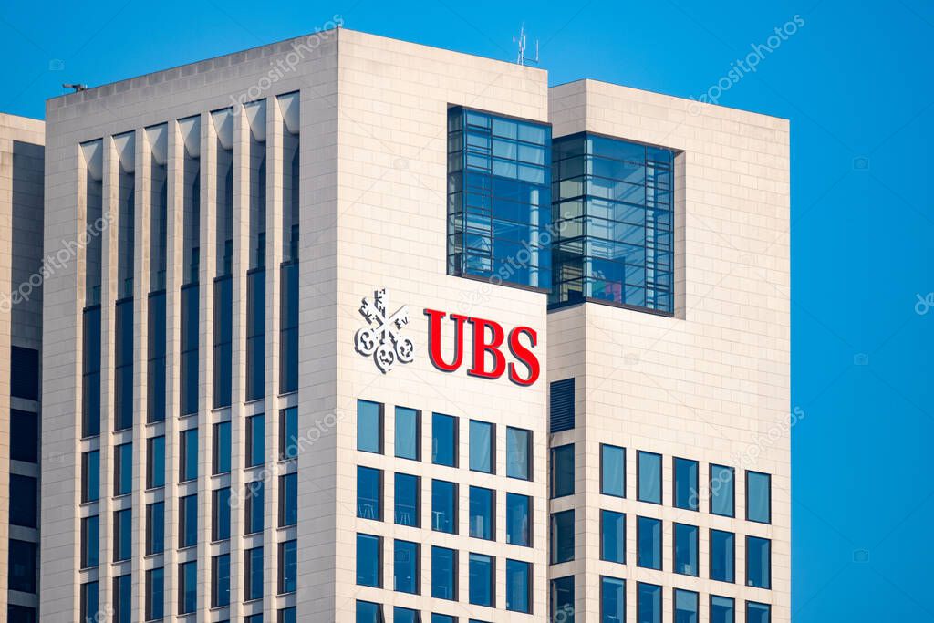 UBS bank office building, European banking, Swiss private investment bank, financial services company, glass facade, iconic logo in Germany professional services in Frankfurt - February 9, 2025