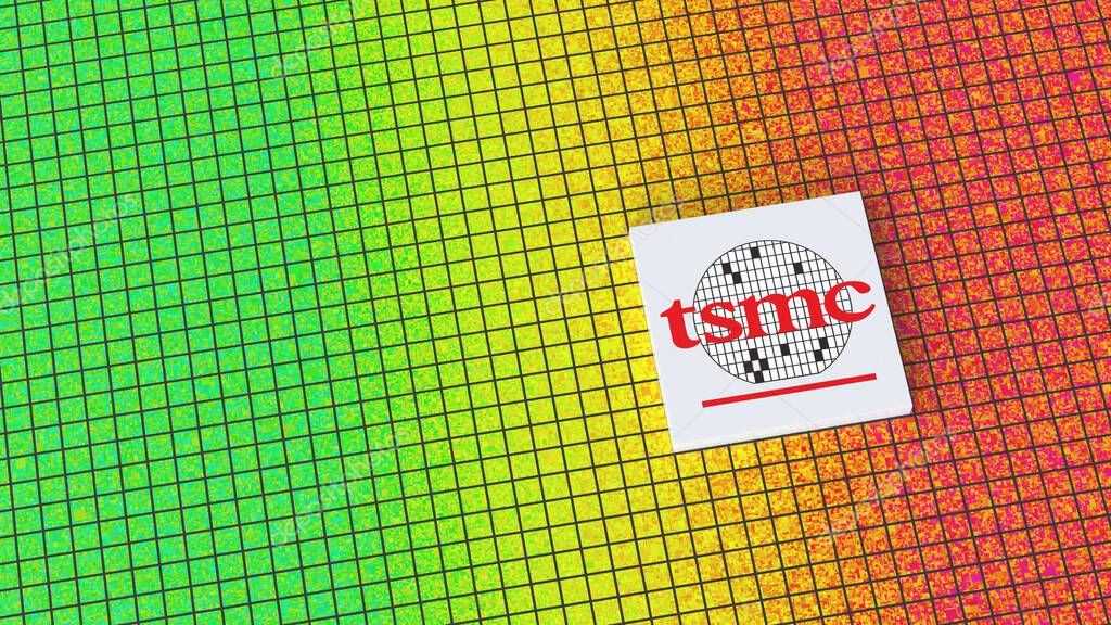 Taiwan Semiconductor Manufacturing Company TSMC logo, Taiwan Semiconductor manufacturing, Chip fabrication, IC production, Silicon Wafer, Nanotechnology, 3d render, Frankfurt - March 13, 2025