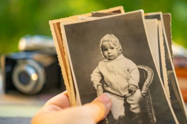Elleri klasik siyah-beyaz bebek aile arşivi ahşap kutu ve çiçeklerin yanında, nostalji atalarının geçmişinde aile köklerini görüntülerde takip etmek, atalarına yolculuk